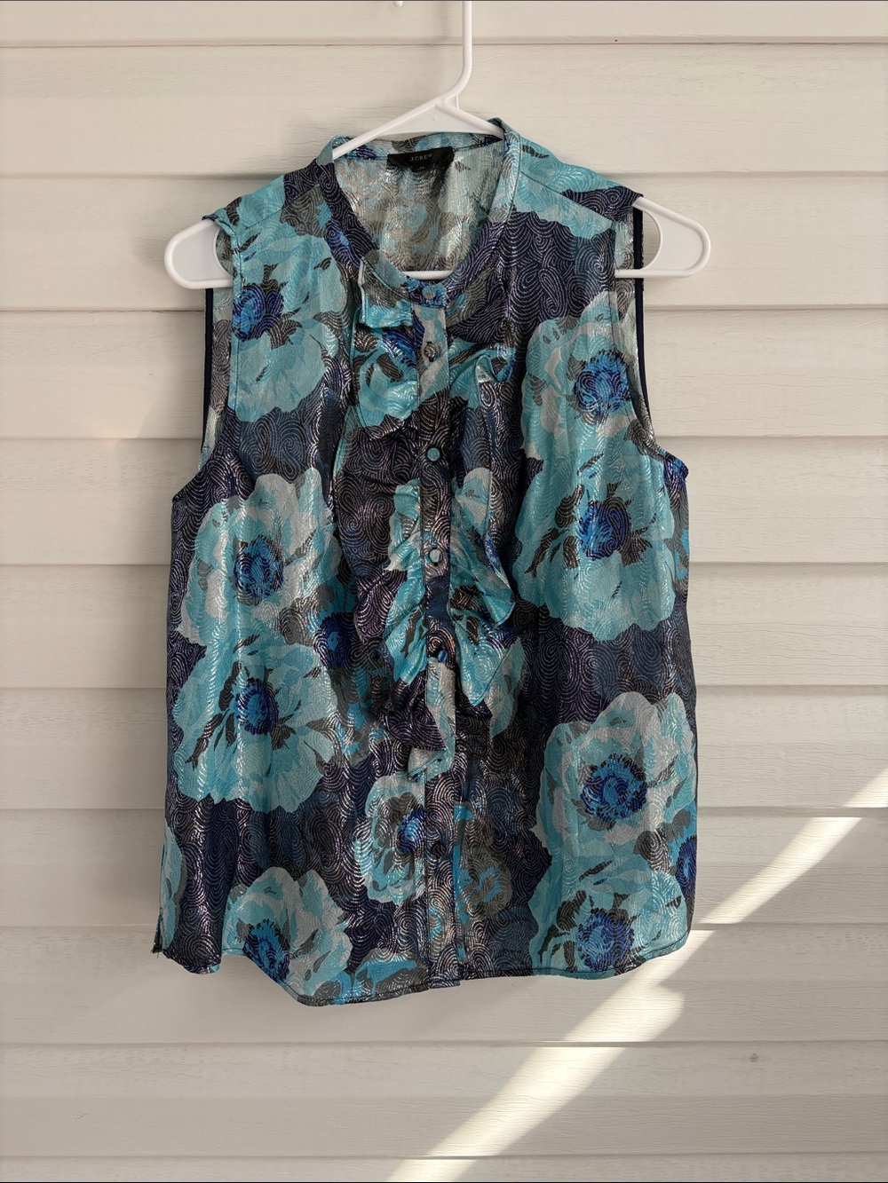 J.Crew Silk Blend Floral Ruffle Blouse M Blue Teal Metallic Sleeveless Abstract
